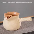 Beige ceramic side-handle teapot with petal rim and wood-texture grip, 600ml capacity - 600ml / Vine Petal Pot (Glazed Interior) / 19cmx13cmx9.5cm