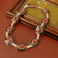 Detail of vintage gold necklace with black enamel, orange gems and crystals on leather - 51# Necklace Enamel Rhinestone Oval Fashion Splicing Variant