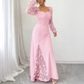 Elegant pink long-sleeved dress with lace floral details and side slit design - S / Pink
