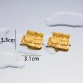 Textured gold square stud earrings in lava style finish with 3.3cm height and 3.1cm width - Wrinkle Style 2 - Gold