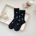 Black mid-calf cotton socks with white star patterns and ribbed cuffs for women - Pentagram / Black