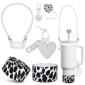 Detail showing silicone boot, heart charm, handle strap and straw cover set for large tumblers - Black White Cow Pattern Set
