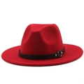 Close-up of a red wool fedora hat featuring a black leather band and gold buckle detail - M (56-58cm) / Bright Red