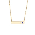 Gold horizontal bar necklace with blue birthstone and heart engraving on a chain - Dark Blue Stone Style (KN202648-KFC)