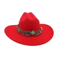 Chapeau de cowboy rouge à larges bords avec turquoise bohème et détails de franges - Taille unique / Rouge