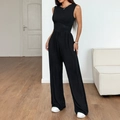 Women's minimalist sleeveless wide leg jumpsuit in black with a soft belted waist - S / Black