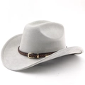 Detail of light gray suede cowboy hat featuring brown leather braided band and gold buckle - M (56-58cm) / Light Gray