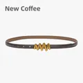 Slim dark coffee genuine leather belt with a wavy gold buckle and adjustable strap - Dark Coffee