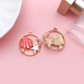 Colorful shell and starfish round alloy pendants with gold plating and pearl accents - Pink Round Starfish Large Shell 25x27mm
