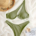 Matcha green ribbed bikini set with one-shoulder cutout design and supportive underwire - XS / Army Green