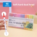 Set of 48 dual-tip watercolor markers with soft brush and fine tips in a portable clear case - 48 Colors White Barrel