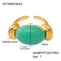 Adjustable golden stainless steel ring with green oval resin stone inlay - US 7 / Gold Green Resin
