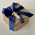 Detail of square woven gift basket with elegant navy ribbon and Thank You tag - Navy Blue