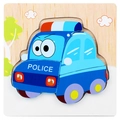 Blue wooden police car puzzle piece on natural wood board for toddler learning - Jm 3d Police Car