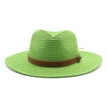 Detail view of woven green Panama hat with brown leather band and silver buckle - M(56-58cm) / Grass Green