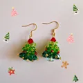 Handmade beaded Christmas tree earrings with green crystal beads and red ribbon bow - Simple Christmas Tree-Gold / Earring Hooks