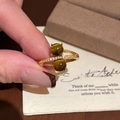 Golden double-stone crossover ring with tiger eye stones and sparkling zircon pavé - Double Bead Tiger Eye Crossover Pave Zircon Style / Eco-Friendly Gold-Coffee Brown