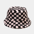 Close-up of pink and black checkerboard plush bucket hat with soft faux fur texture - M (56-58cm) / Black & Pink Checkerboard (Color 6)