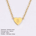 14K gold plated stainless steel heart necklace with letter B pendant and cable chain - Letter B / Steel