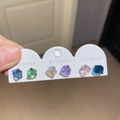 Close-up of 3 pairs of cube-cut crystal stud earrings in 6 vibrant colors on card - 30# Multicolor Cube (6 Pairs)