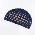 Handmade dark blue crochet mesh skull cap for women with breathable open knit pattern - Navy Blue