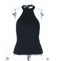 Detail of slim fit black halter neck knit vest showing smooth fabric texture on mannequin - S / Black