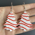 Orecchini ad albero di Natale con motivi colorati e punti verdi tenuti in una mano - J39 Albero di Natale