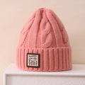 Close-up of pink cable knit beanie featuring a cute bear leather patch and Lucky text - 3-8 Years / Pink