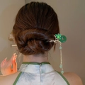 Épingle à cheveux fleurie dorée avec perles vertes et pompon pour coiffures chignons - Pompon Perle Anneau De Jade Fleur Verte Doré (61#)