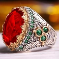 Macro shot of luxury men's ring with red gemstone and intricate silver filigree details - US 7 / Red (TJZ22021)