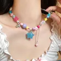 Colorful beaded necklace with star and heart charms, butterfly bow and adjustable chain - 18# Necklace - Colorful Mixed Bead Style