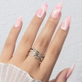 Pink and white wave pattern long almond press-on nails shown on hand model - Pink White Wave Pattern (Y-88) / Glue Type