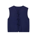 Dark blue v-neck knit vest featuring crochet texture and triple bow tie closures - S / Navy Blue