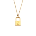 Detail of a golden lock-shaped pendant with an engraved letter Z on a stainless steel chain - Letter Z