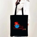 Black canvas tote bag with festive Merry Christmas print and blue star ornament - Style 13-Christmas Ball and Top Hat