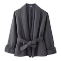 Dark grey wool coat with faux fur cuffs and waist tie belt on white background - Dark Gray