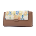 Détail du long portefeuille fleuri en cuir PU brun avec structure à plusieurs cartes - Nouveau Damier Marron
