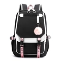 Sac à dos d'école noir de style coréen avec liseré blanc et rubans roses sport - Style Simple / Noir & Blanc