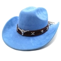 Detail of light blue faux suede cowboy hat featuring a leather band and silver bull head - M (56-58cm) / Haze Blue