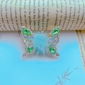 Golden butterfly hair clip with emerald green crystals and light blue pompom - Pompom Butterfly (F0005) / Green