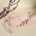 Elegant long pink wallet for women with pebble texture and detachable wrist strap - Pink