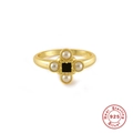 Bague cocktail vintage en argent S925 avec pierre noire et perles blanches - US 7 / Style Perle Croix-Or