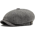 Grey newsboy cap in textured linen-style fabric with side leather trim and rivets - 55-59cm (Adjustable) / Dark Gray