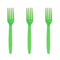 Close-up of three vibrant green plastic party forks for kids birthday celebration - 10 Green Forks