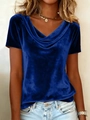 Camiseta de terciopelo con cuello desbocado y manga corta en azul oscuro para mujer - Azul