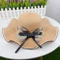 Detail of wide brim straw sun hat featuring black bow and champagne leaf embroidery - M (56-58cm) with Windproof Rope / Light Coffee