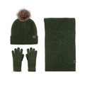 Dark green winter knit set featuring thick beanie with fur pom, scarf, and warm gloves - Army Green 3-Piece Set