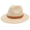Chapeau fedora en feutre de laine beige avec ceinture en cuir brun et clous dorés - M(56-58cm) / Poche zippée
