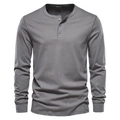 Men's slim fit grey long sleeve Henley shirt with buttoned crew neck on white background - Dark Gray