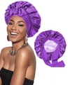 Detailed view of purple satin hair bonnet featuring long adjustable ribbons and silky texture - M / Dark Purple